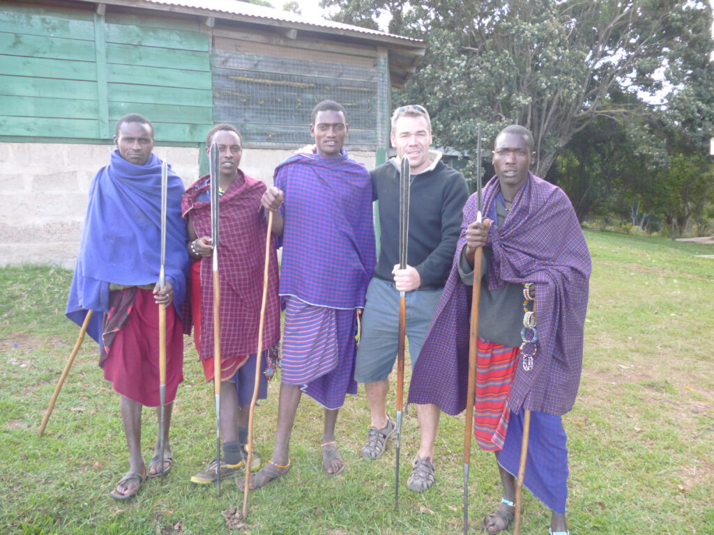 Roy Davies with Masai warriors gifted ‘honorary’ spear!